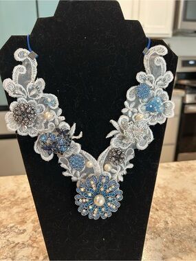 Blue Floral Statement Lace Necklace with Brooches, pearls and crystal buttons